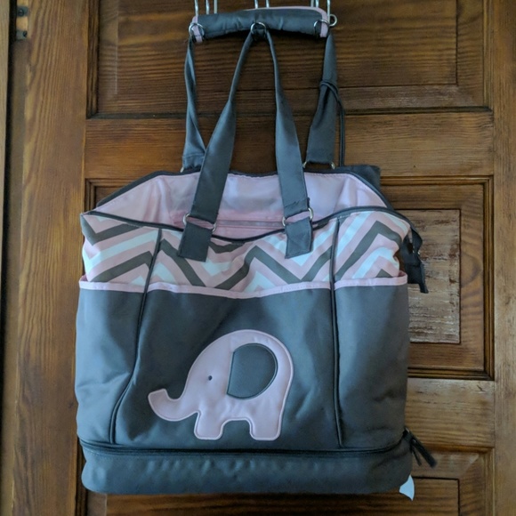 pink and grey elephant diaper bag